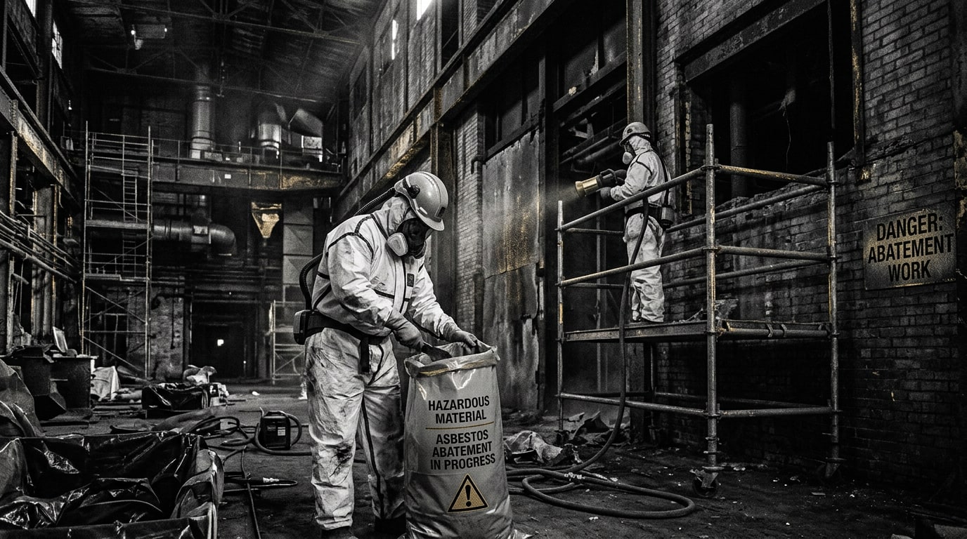 Two abatement workers in white Tyvek coveralls, hard hats, and respirators inside a derelict industrial hall, one bagging asbestos into a hazardous-material disposal bag while the other sprays down a wall, beside a DANGER: ABATEMENT WORK sign