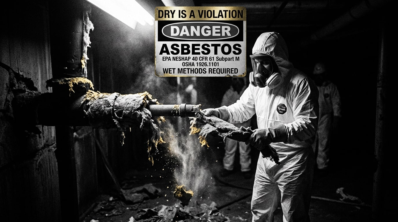 Abatement worker in Tyvek and full-face respirator spraying amended water onto asbestos pipe insulation inside a poly-sheeted containment