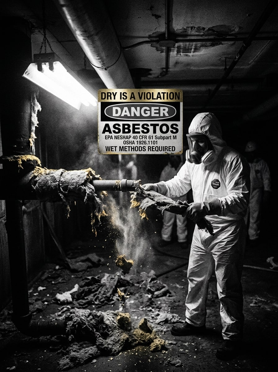 Abatement worker in Tyvek and full-face respirator spraying amended water onto asbestos pipe insulation inside a poly-sheeted containment