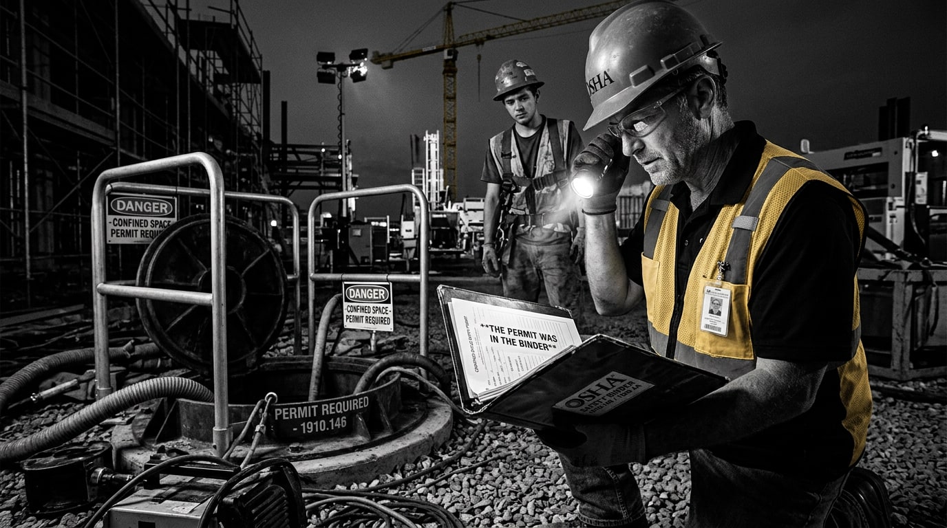 Environmental technician lowering a calibrated four-gas monitor into a below-grade vault with a ventilation blower and tripod retrieval system at the entry