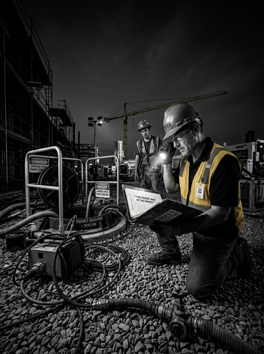 Environmental technician lowering a calibrated four-gas monitor into a below-grade vault with a ventilation blower and tripod retrieval system at the entry