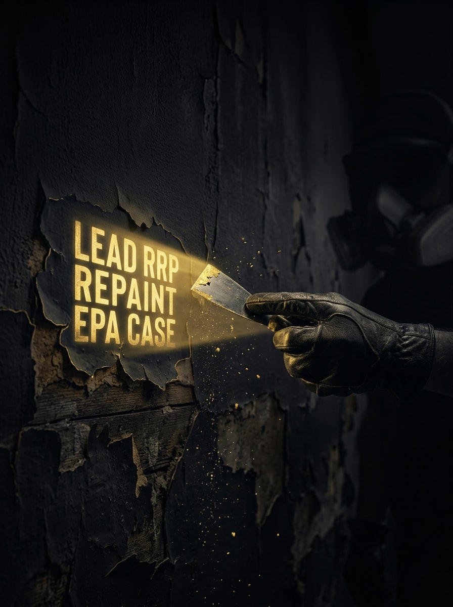 Lead-safe renovation setup with plastic containment, HEPA vacuum, and posted warning signage on a pre-1978 interior