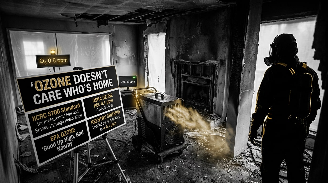 Hydroxyl generator running in an occupied fire-damaged living room beside a sealed, evacuated room posted with ozone warning signage