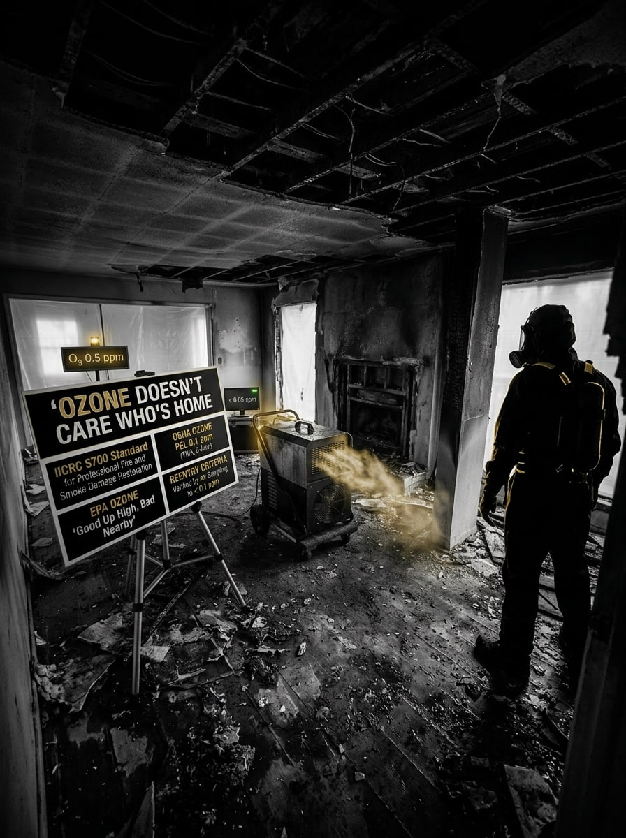 Hydroxyl generator running in an occupied fire-damaged living room beside a sealed, evacuated room posted with ozone warning signage