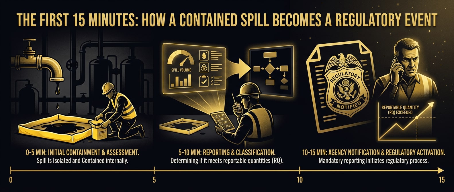 White oil-only absorbent boom ringing a petroleum sheen with overpack drum and HAZWOPER PPE staged on the pad