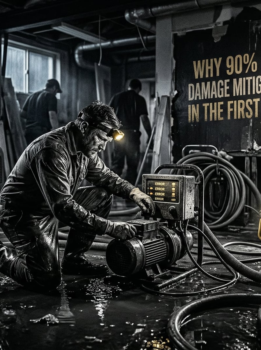 Air movers staged across a flooded commercial floor under emergency work lights
