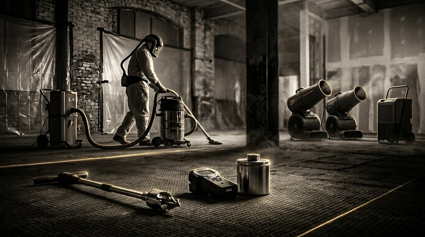 A restoration technician in a hooded suit and respirator vacuuming a stripped commercial interior under containment sheeting, with two air movers, a dehumidifier, an air scrubber, and a moisture meter staged on the floor.