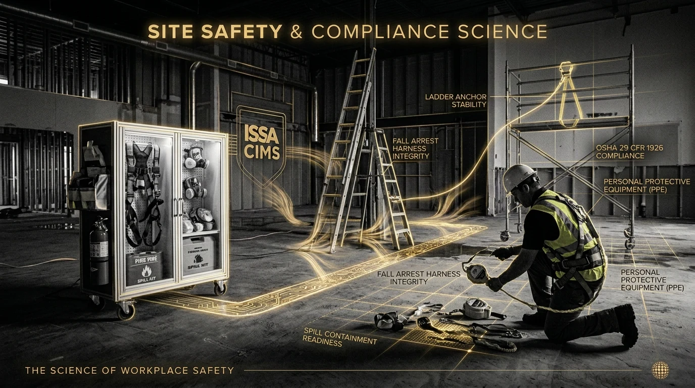 Construction jobsite safety planning: a stocked PPE cabinet with full-body harnesses and respirators, a fiberglass stepladder, rolling scaffold, and a worker inspecting fall-arrest hardware, annotated with ladder anchor stability, fall-arrest harness integrity, OSHA 29 CFR 1926 compliance, and personal protective equipment.