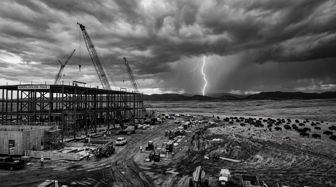 Steel structure of a data center under construction on the Texas prairie, cranes working under a lightning storm while a bison herd grazes beside the site