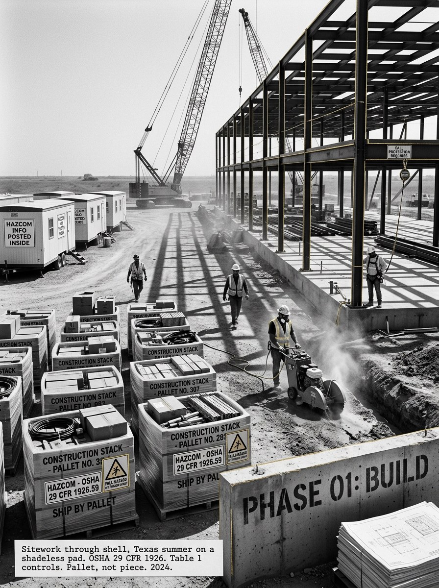 Data center jobsite during the build phase: steel skeleton and crane, HazCom trailers, palletized construction stacks, and a concrete saw cutting under Texas sun