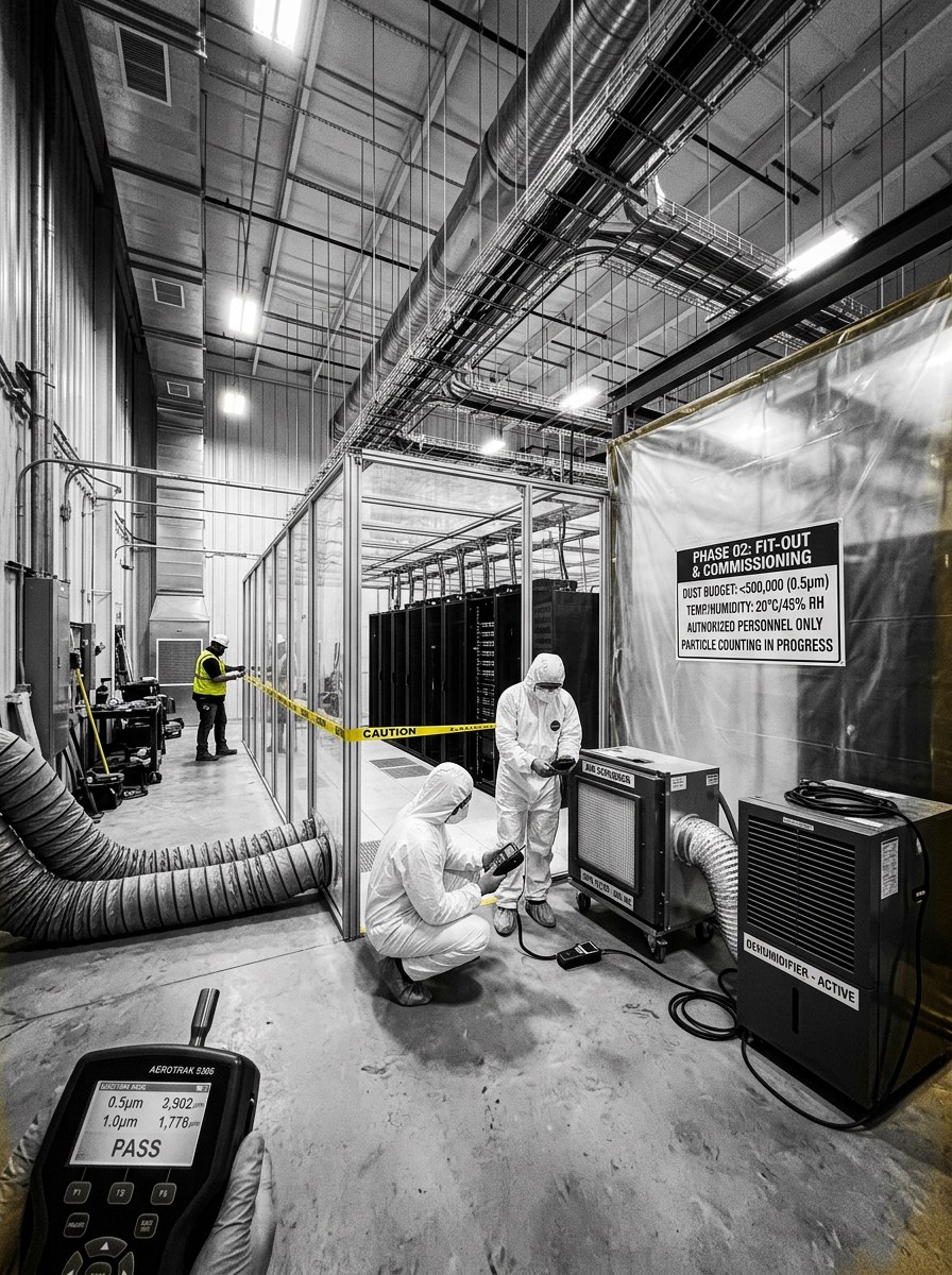 Data center white space under cleanliness protocol: technicians in coveralls running a particle counter beside containment walls, negative air, and an active dehumidifier