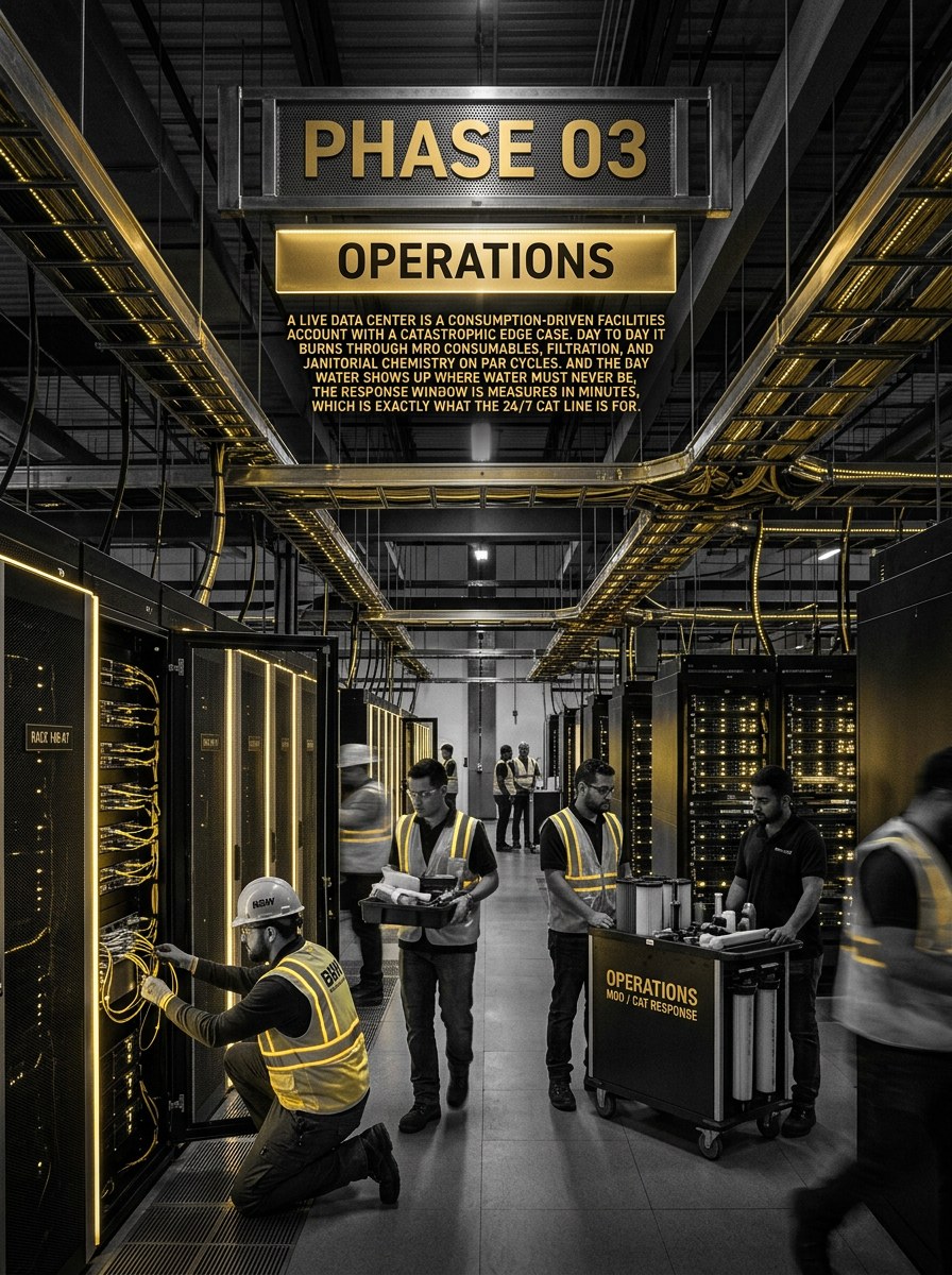 Live data center hall during operations: facilities crew working rack rows with an MRO and CAT response supply cart between server cabinets