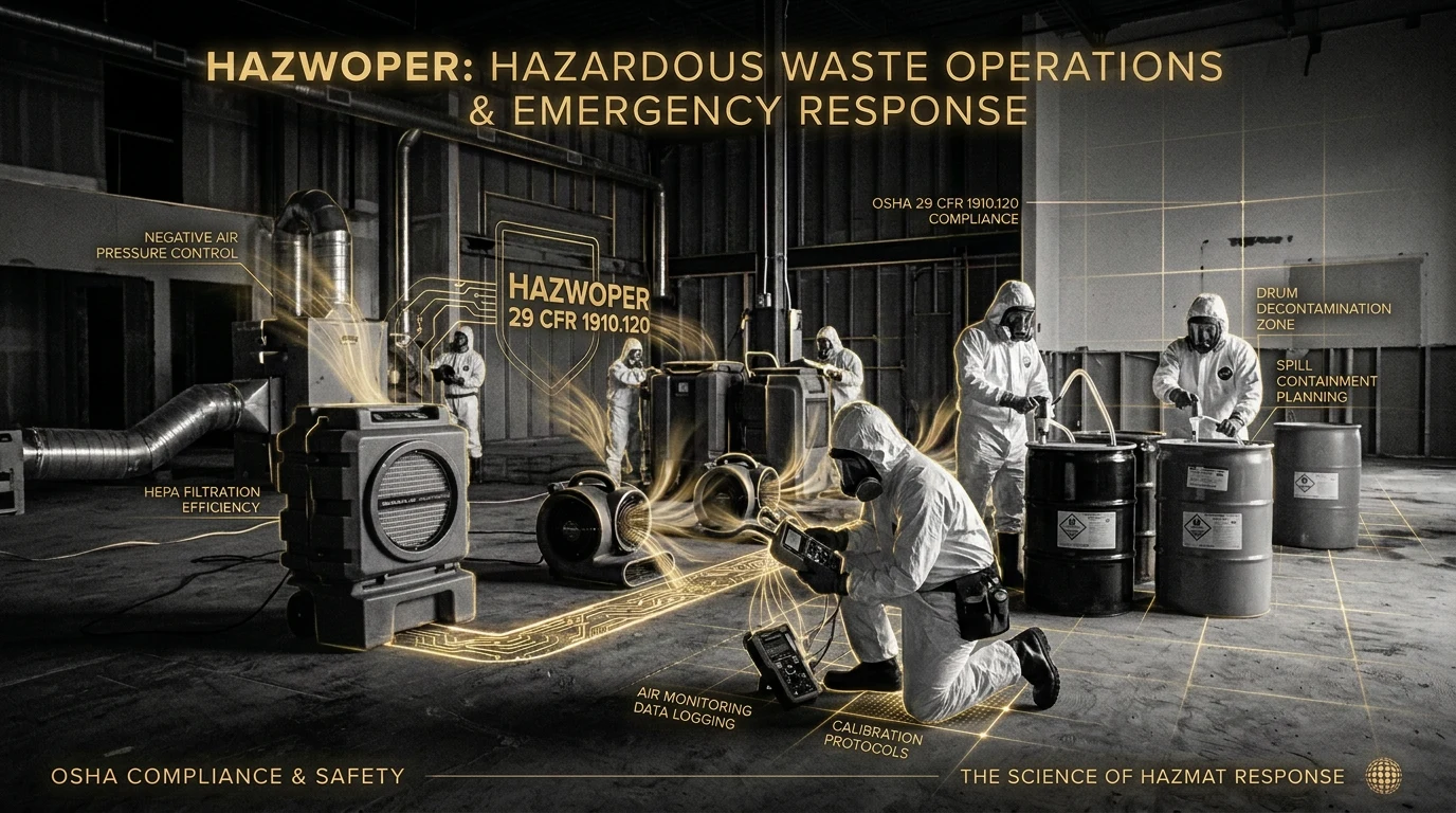An annotated diagram of a HAZWOPER response: negative air pressure control and HEPA filtration on the left, air monitoring and calibration in the center, and drum decontamination and spill containment planning on the right.
