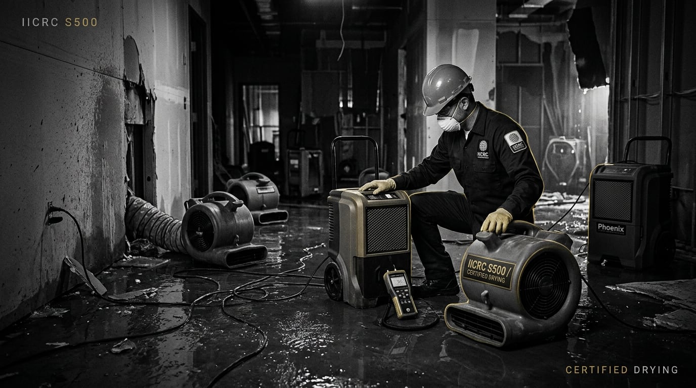 Restoration equipment staged for deployment, dehumidifiers, air movers, and negative-air machines under low light