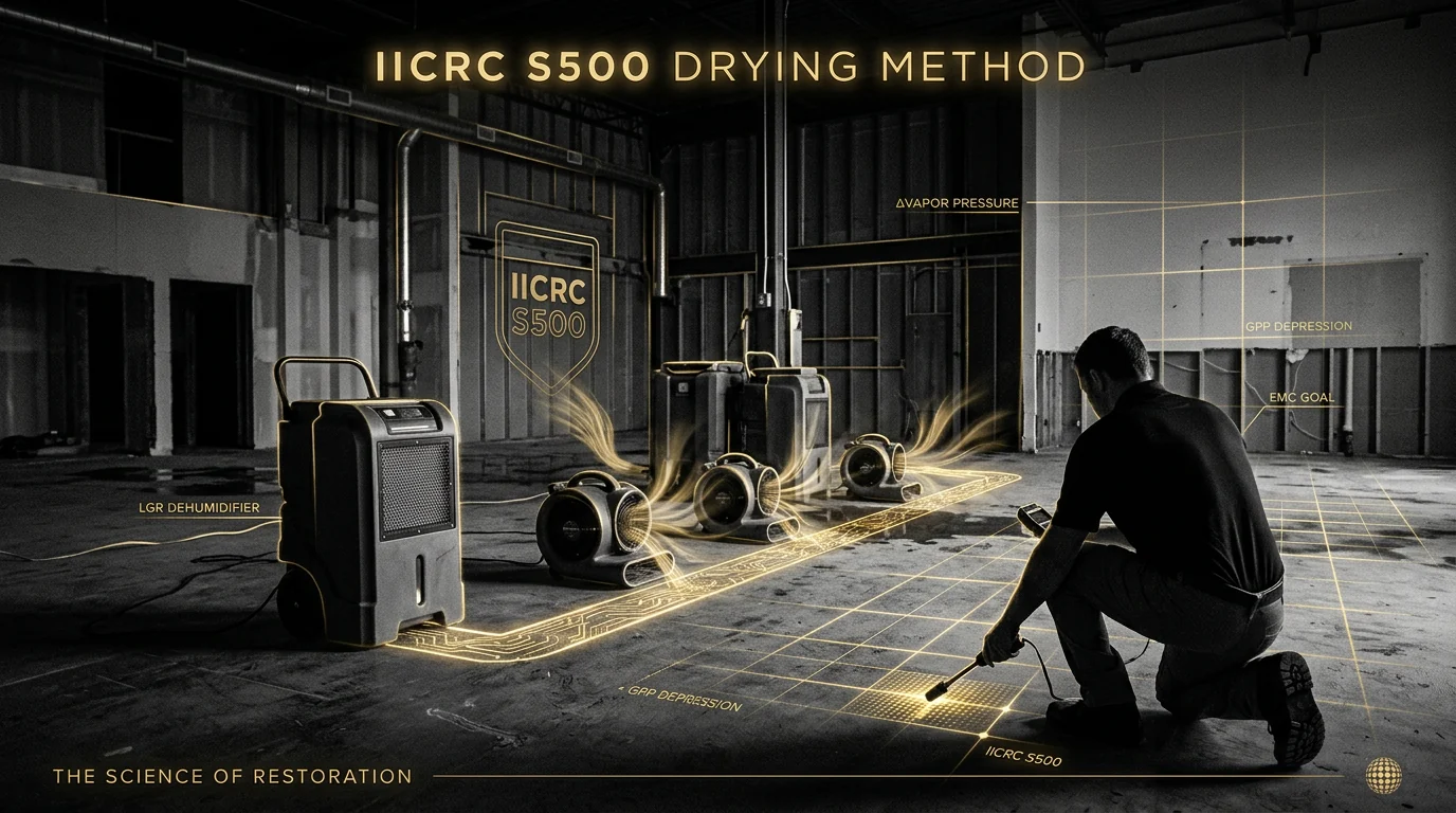 IICRC S500 drying method: an LGR dehumidifier and axial air movers pushing glowing airflow across a gutted commercial interior while a restoration technician kneels taking a moisture reading, overlaid with the psychrometric targets the plan is sized to, vapor-pressure differential, GPP depression, and the EMC drying goal.