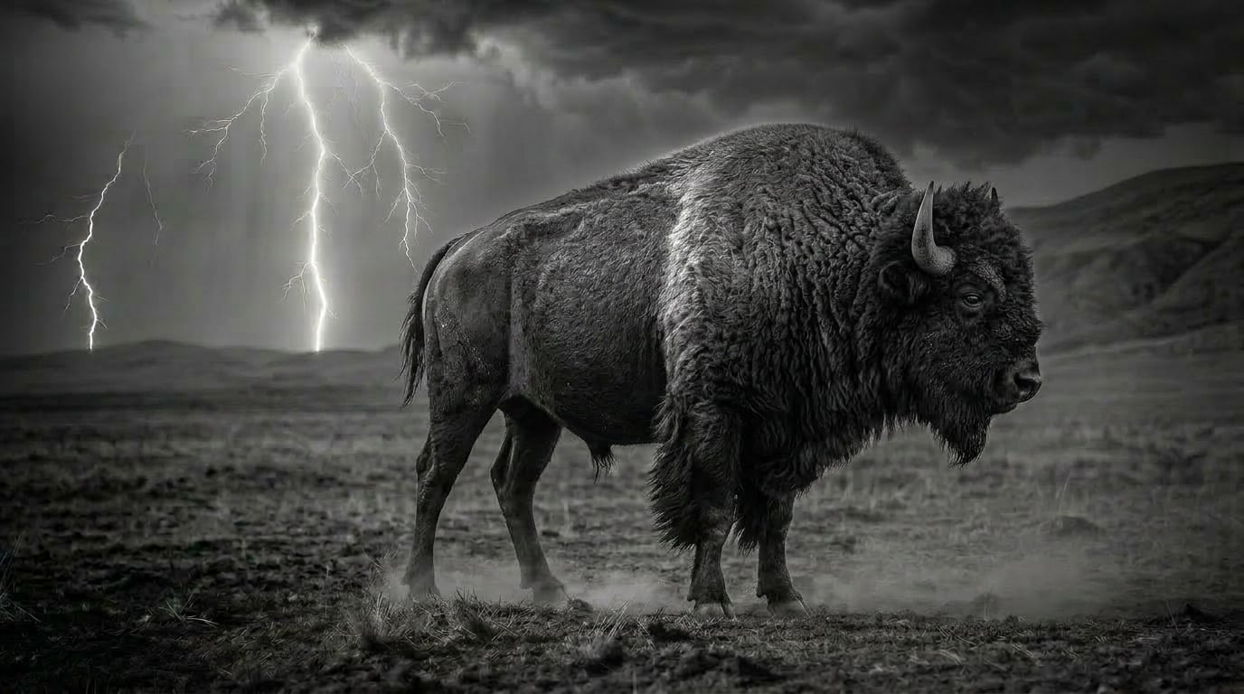 Bison charging into the storm, the Stampede Distribution brand image.