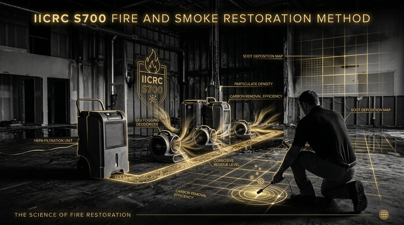 IICRC S700 fire and smoke restoration method: a soot-blackened interior with a HEPA-filtration unit, ULV fogging deodorizer, and air movers, overlaid with soot-deposition, particulate-density, and carbon-removal-efficiency analysis.