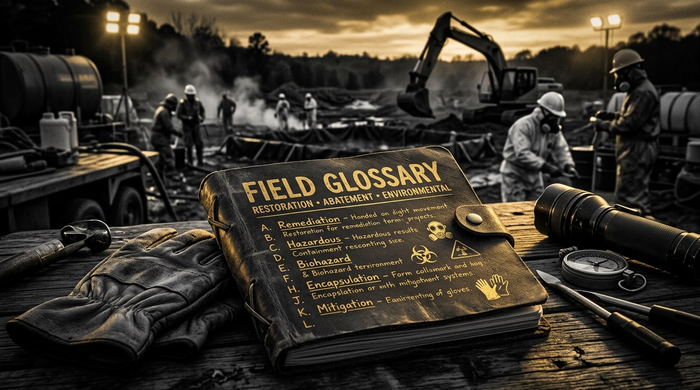 A leather field notebook titled Field Glossary resting on a workbench beside work gloves and hand tools, with a remediation crew in respirators and protective suits working behind it.