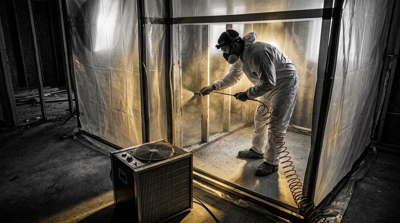 A mold-affected interior wall under remediation containment